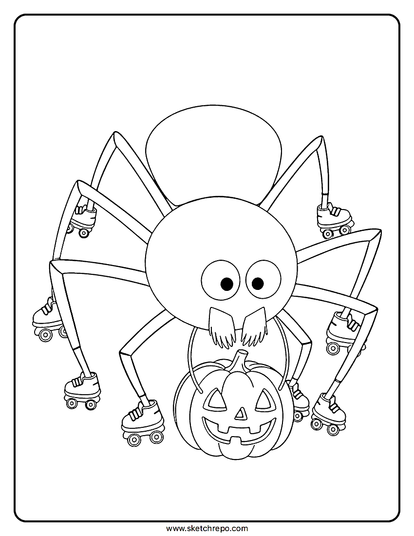 Our Halloween spider coloring sheet has a funny drawing of a spider holding a jack-o-lantern while roller skating.