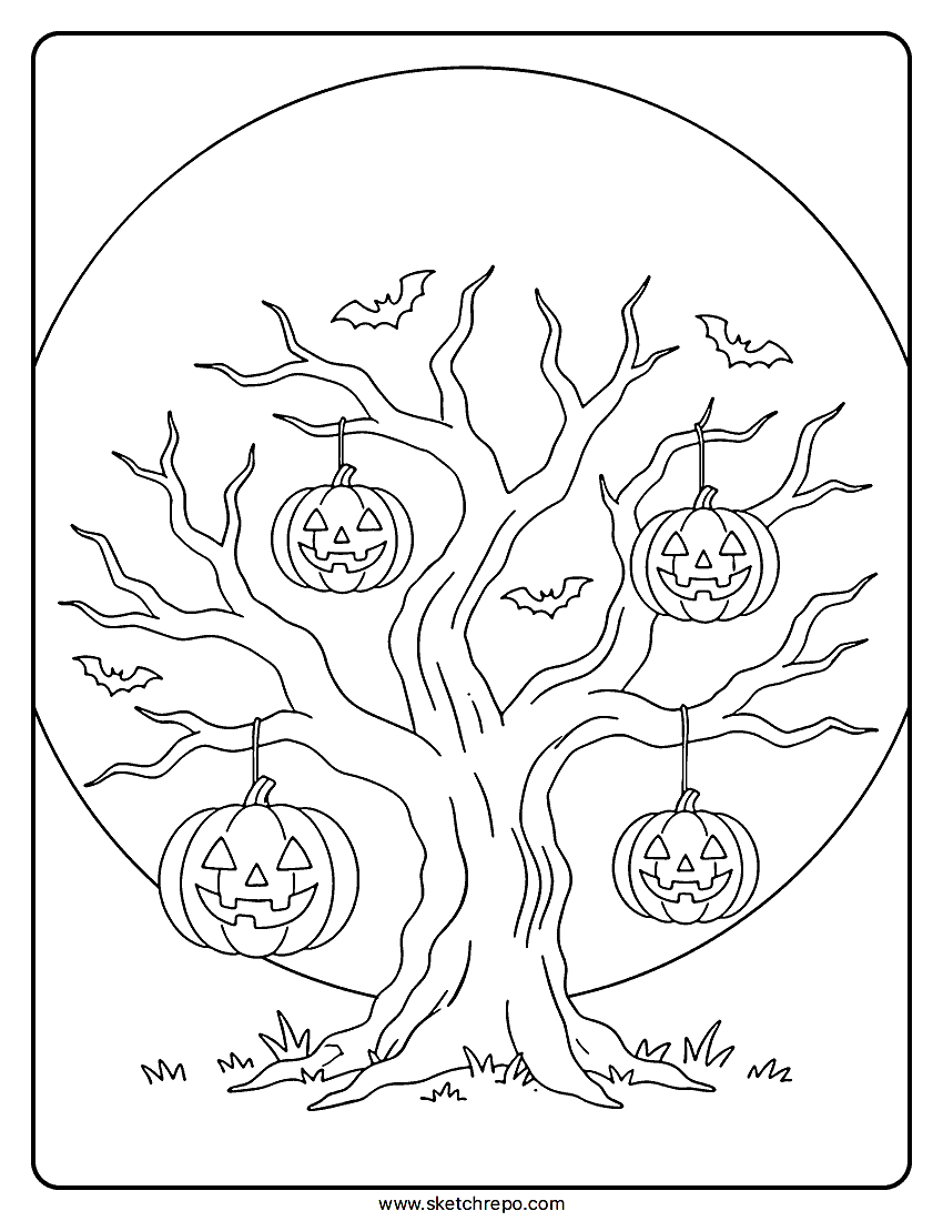 In this Halloween tree coloring page printable you can find your typical spooky tree with jack-o-lanterns hanging from it during a full moon.