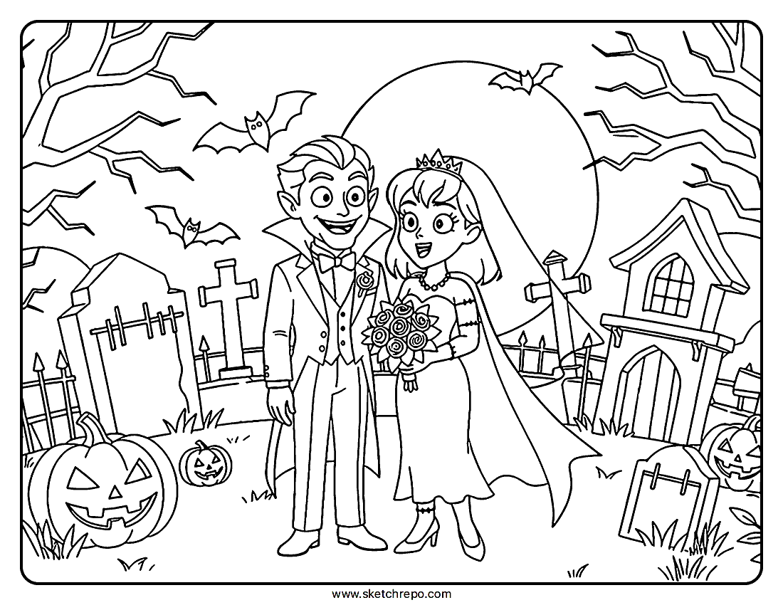 Halloween Wedding Coloring Page