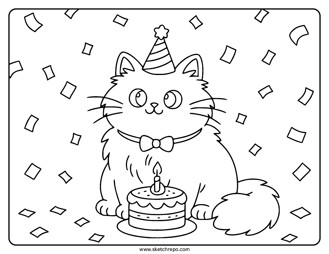 Happy Birthday Cat Coloring Page