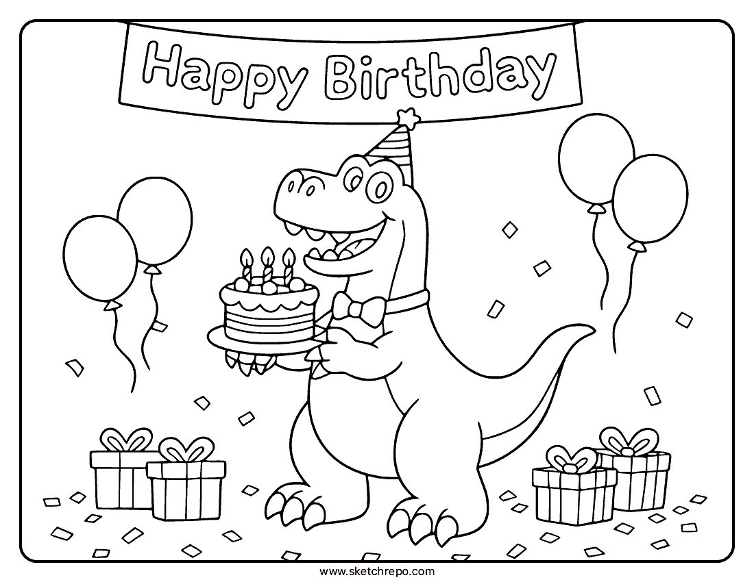 Happy Birthday Dinosaur Coloring Page