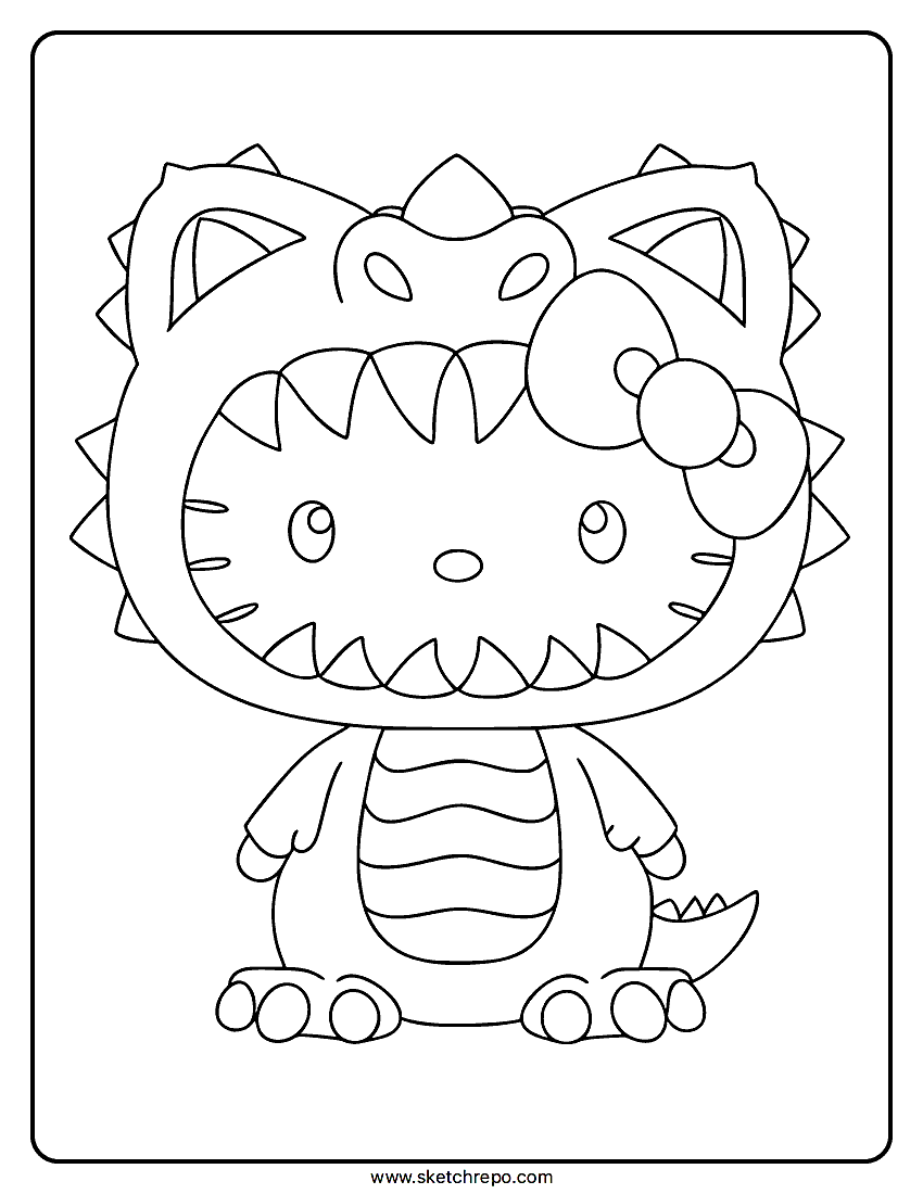 This Hello Kitty Halloween coloring sheet has our lovely kitty dressed in a dinosaur outfit for Halloween.