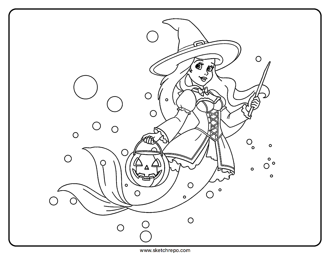 This Little Mermaid Halloween coloring sheet has our protagonist dressed as a witch ready to go trick-or-treating underwater.