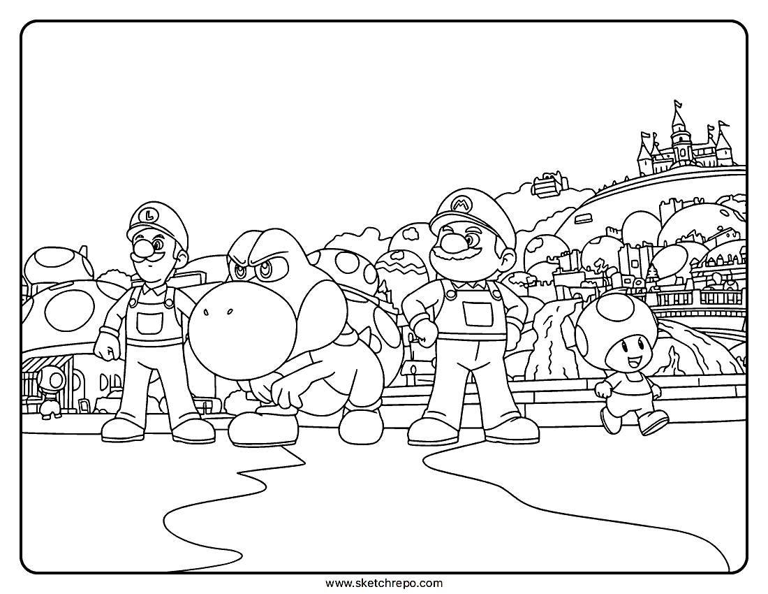 Luigi, Yoshi, Mario & Toad Coloring Page – TSMGM