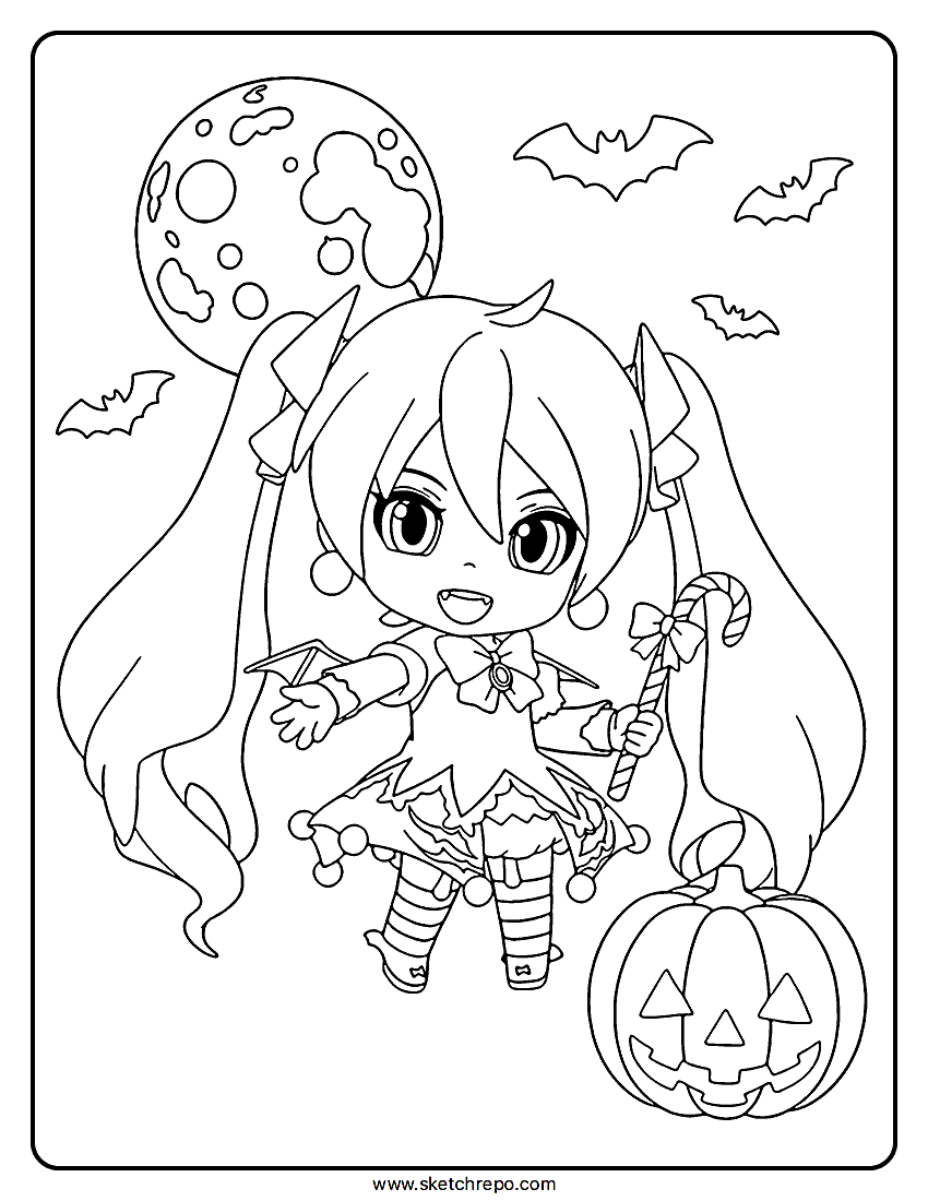 A Miku Halloween coloring sheet showing the chibi form of Miku dressed in a Halloween costume.