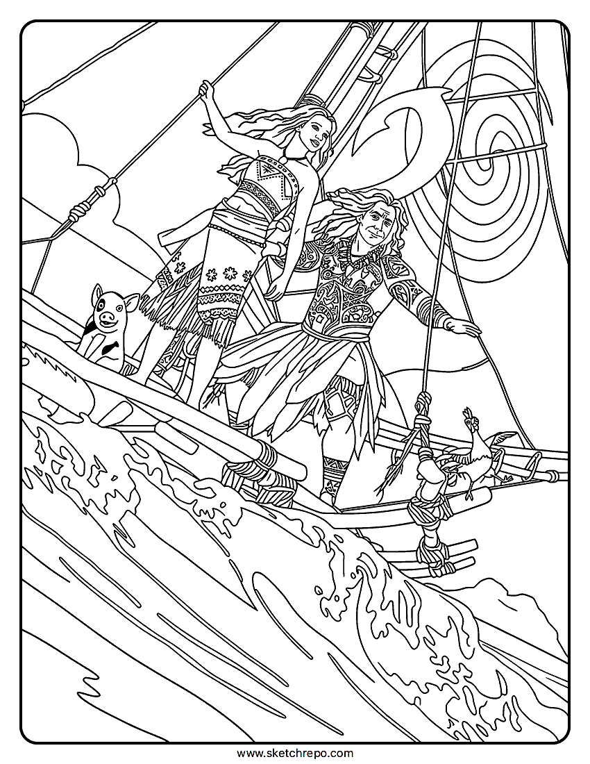 Moana And Maui Sailing Coloring Page