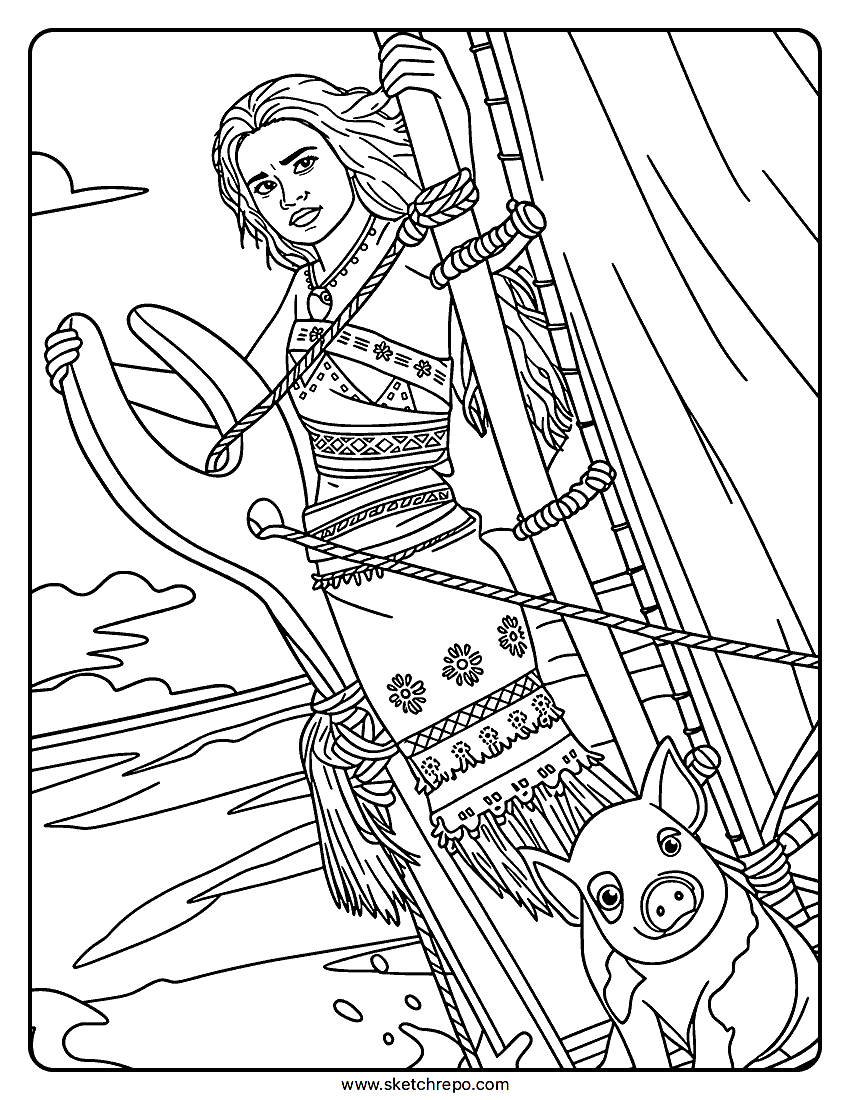 Moana On Boat Coloring Page