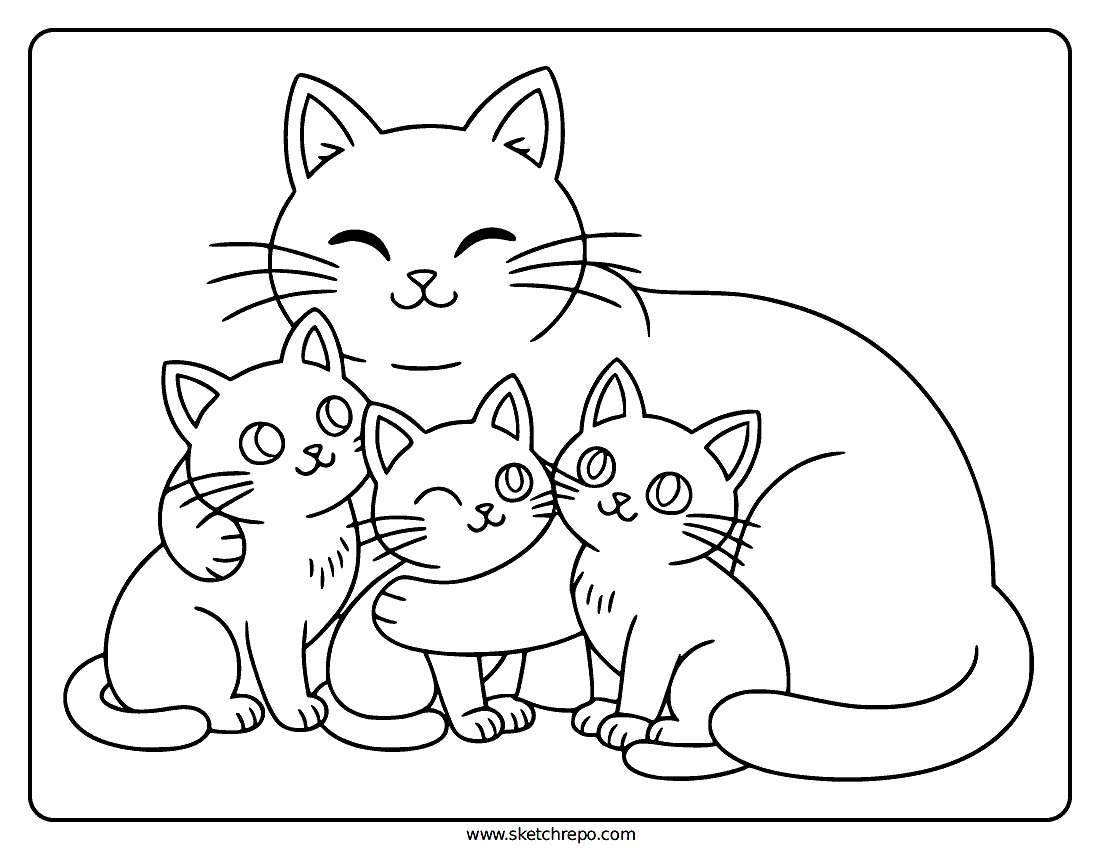 Mother Cat And Kittens Coloring Page
