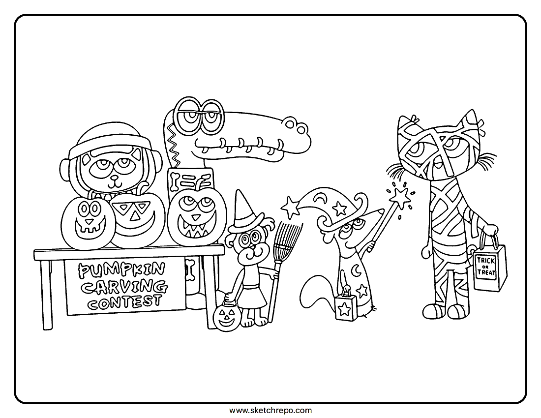 In this Pete The Cat Halloween coloring sheet we have our beloved characters at pumpkin carving contest dressed for trick-or-treating.