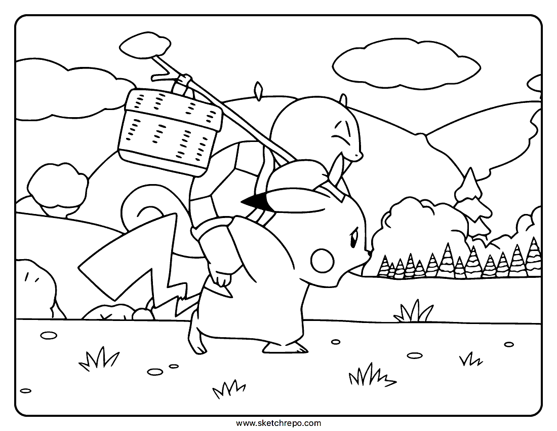 Pikachu Carrying Squirtle Coloring Page