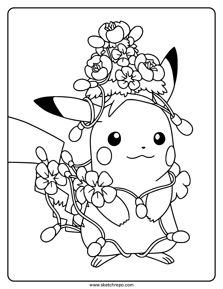 Pikachu With Flower Coloring Page
