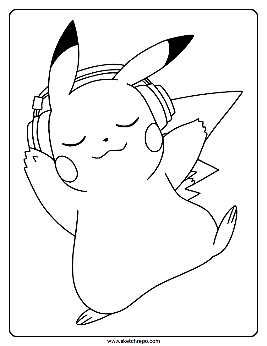 Pikachu With Headphones Coloring Page