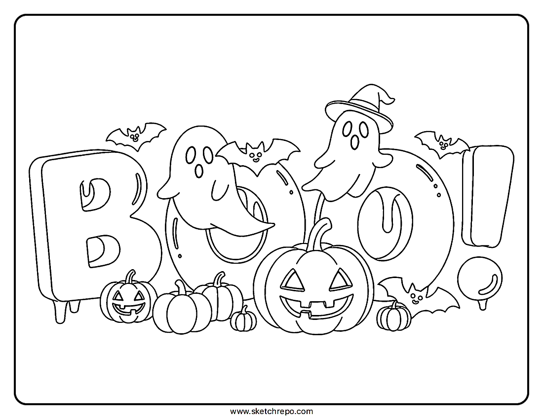 This printable Boo Halloween coloring page comes in PDF format and has drawings of ghosts, bats, pumpkins and jack-o-lanterns.