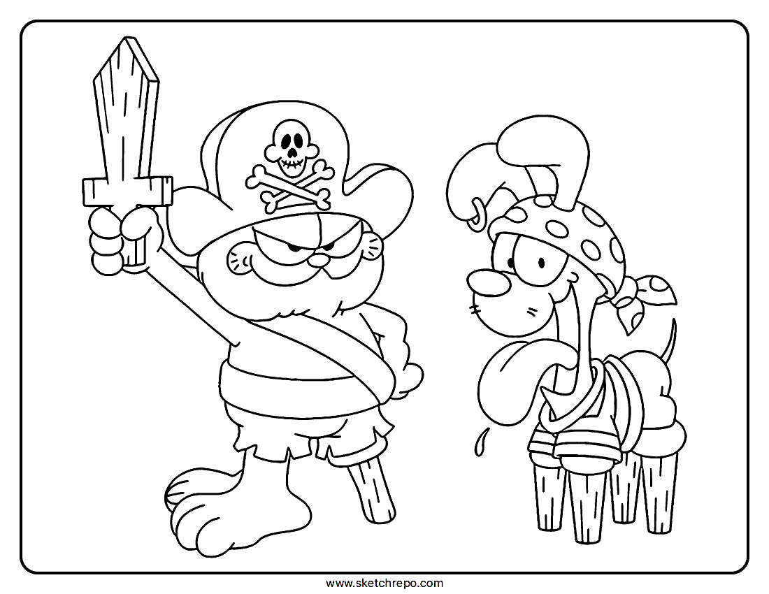A drawing of Garfield and Odie during Halloween dressed as pirates.