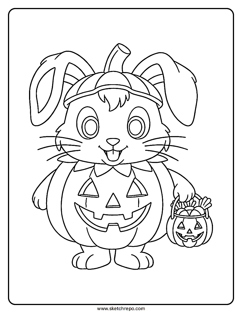 This Halloween bunny coloring page shows a cute bunny dressed in a pumpking outfit ready for trick-or-treating. PDF format drawing.