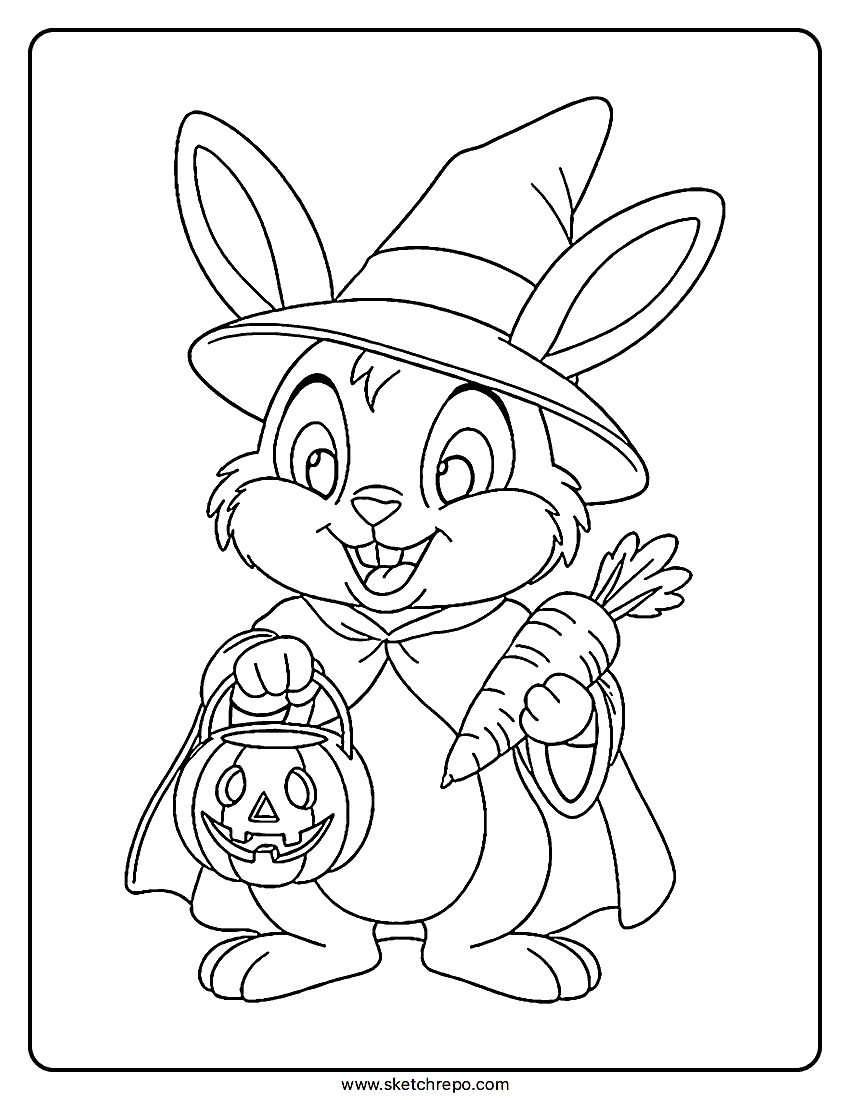 This printable Halloween bunny coloring sheet has our bunny dressed as a witch while holding a carrot in one hand and a jack-o-lantern bucket in the other.