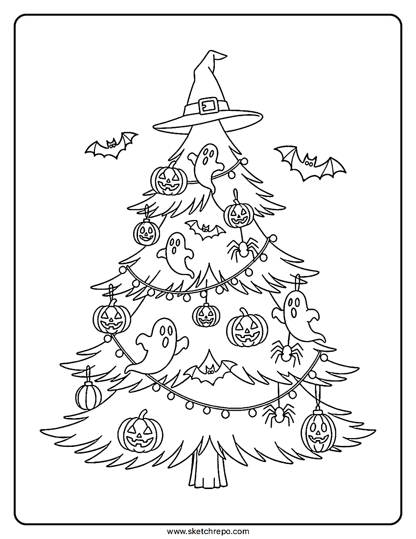 This printable Halloween Christmas tree coloring page is beautfiully decorated with Halloween decorations. PDF format drawing.
