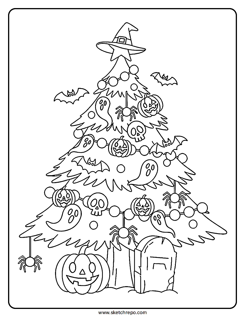 In this printable Halloween Christmas tree coloring sheet you will find the tree decorated with bats, jack-o-lanterns, witch hat, spiders and even a gravestone at the base.