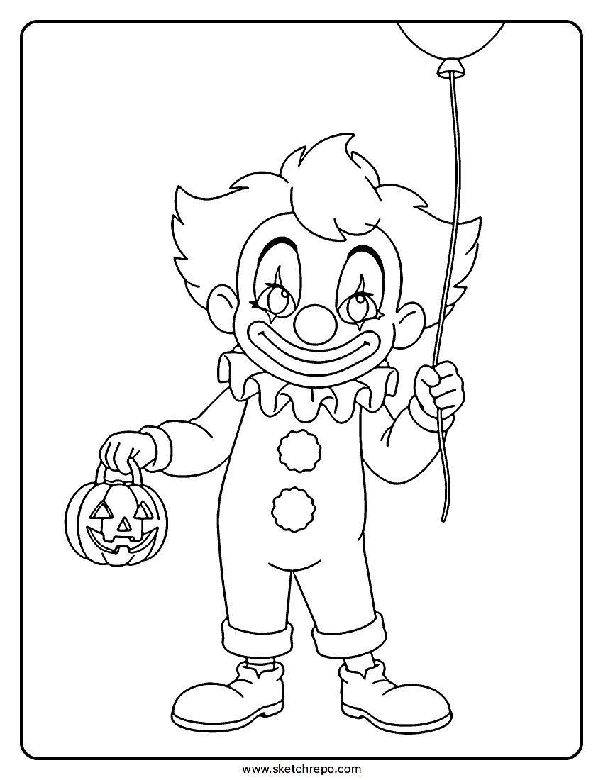 In this printable Halloween clown coloring page you will find the kid dressed as a clown ready for trick-o-treating.