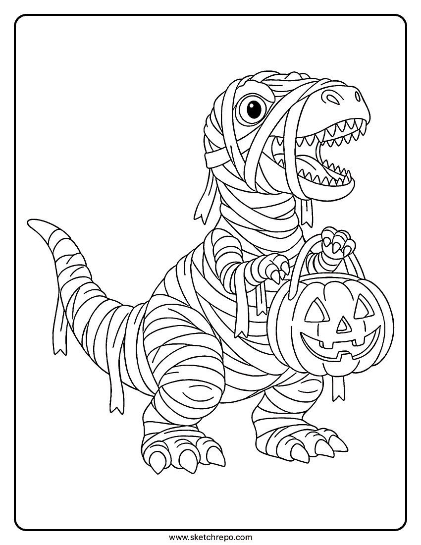 A printable Halloween dinosaur coloring page featuring a dinosaur dressed as a mummy going trick-or-treating. PDF format drawing.
