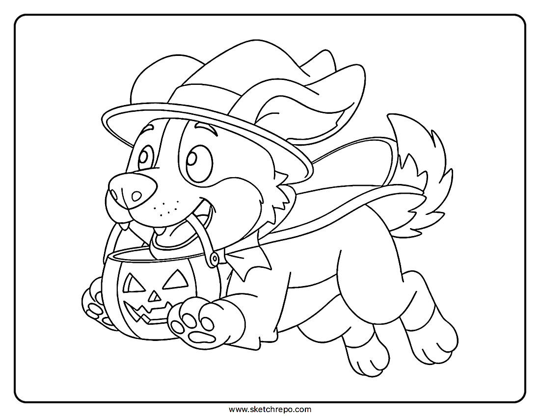 Kids will love this printable Halloween dog coloring page featuring a flying puppy dressed as a wizard trick-or-treating. It comes in a PDF format.