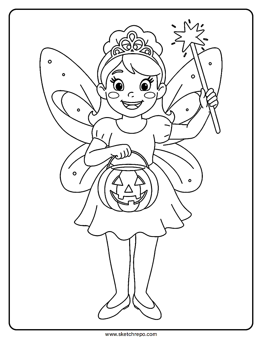 This printable Halloween fairy coloring page features a girl dressed as a fairy ready for trick-or-treating with the jack-o-lantern bag and wand.