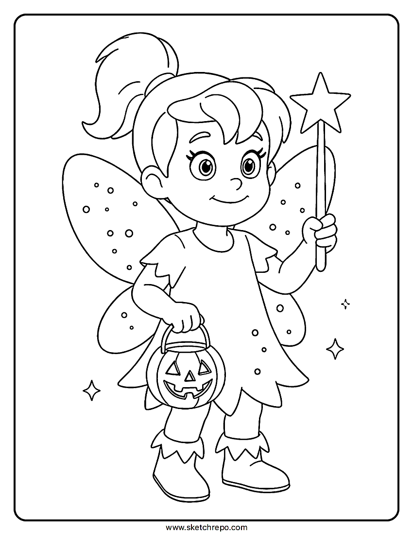 A sweet and cute printable Halloween fairy coloring sheet that kids will enjoy to color.
