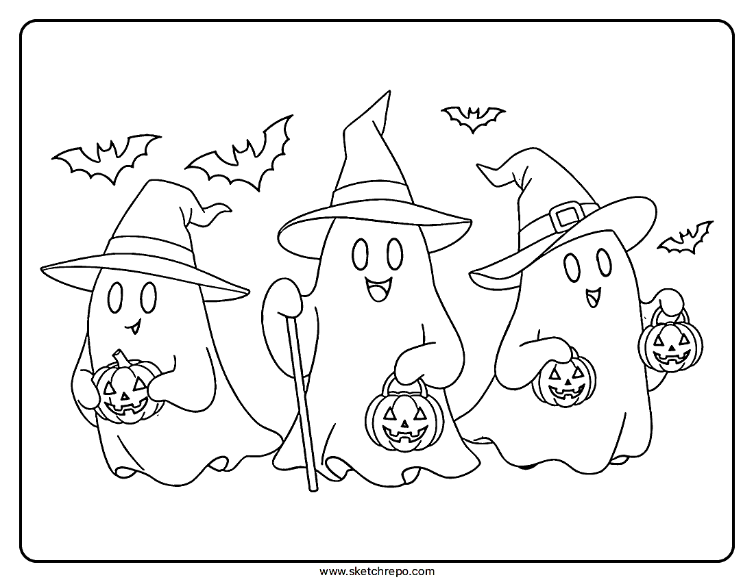 Printable Halloween Ghosts Coloring Page PDF