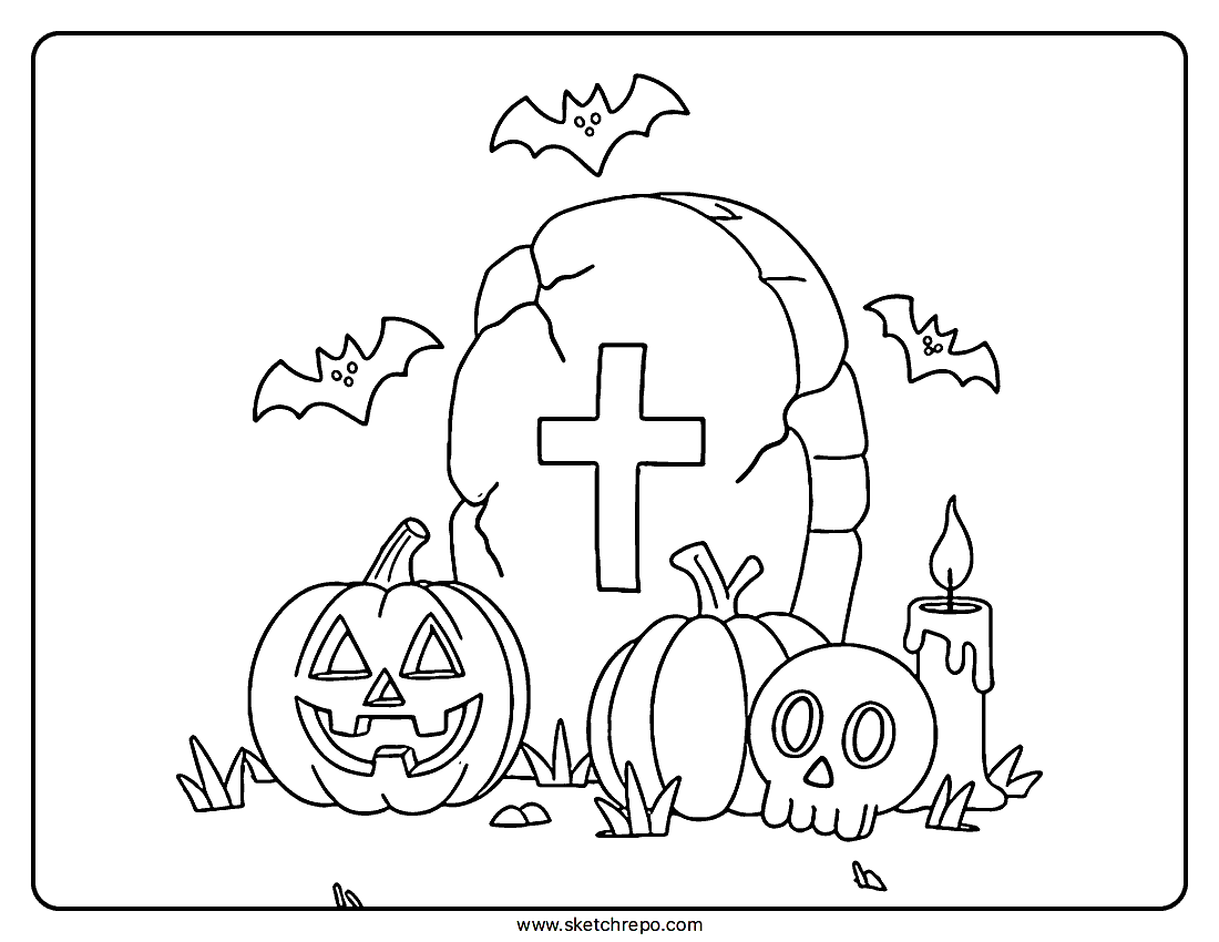 In this printable Halloween gravestone coloring page, besides the tombstone you will find bats, jack-o-lantern, skull and a candle.