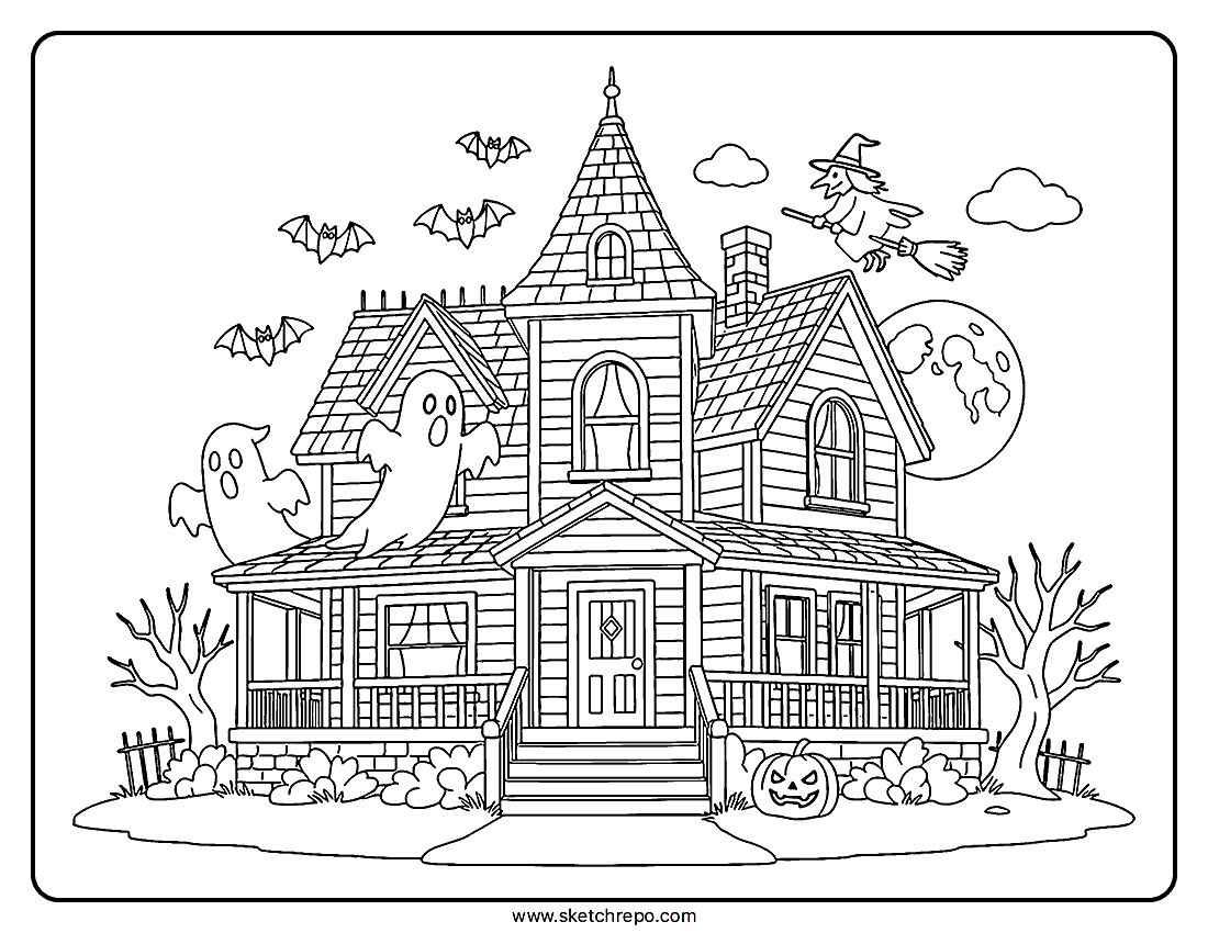 Printable Halloween Haunted House Coloring Sheet