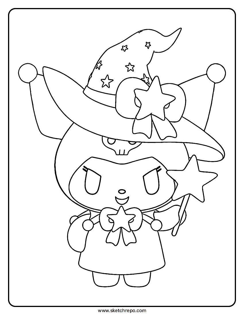 A sweet and cute Halloween Kuromi coloring sheet that can be downloaded as a printable template.