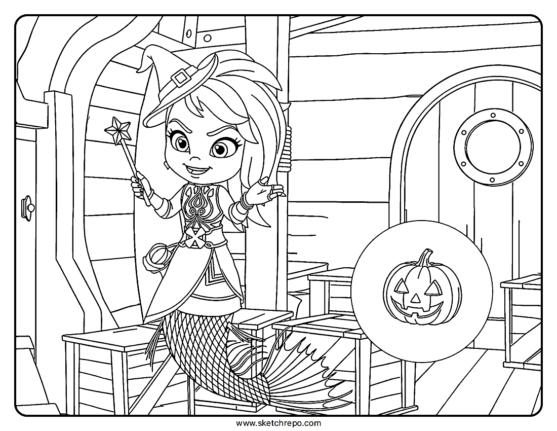 A more modern take on the Halloween mermaid coloring page can be seen in this image. You can get the drawing in PDF format.