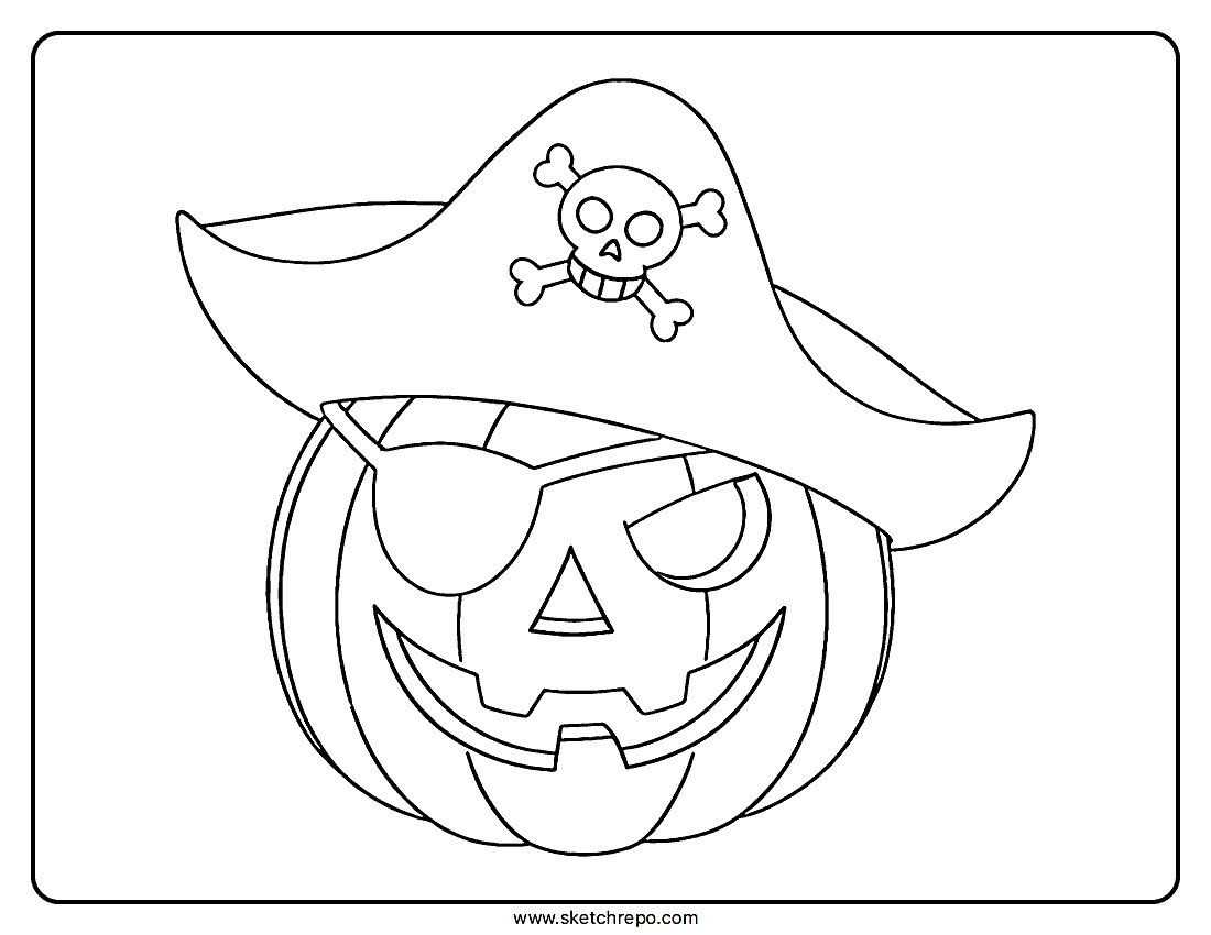 This Halloween pirate coloring page printable features a jack-o-lantern with a pirate hat and a eye patch.