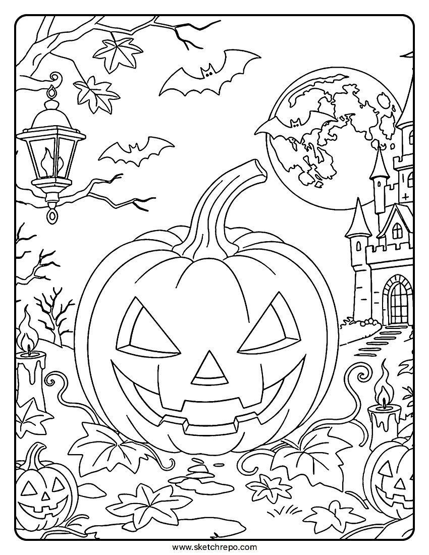 This Halloween pumpkin coloring page printable has all the cool elements needed for a Halloween drawing in PDF format.