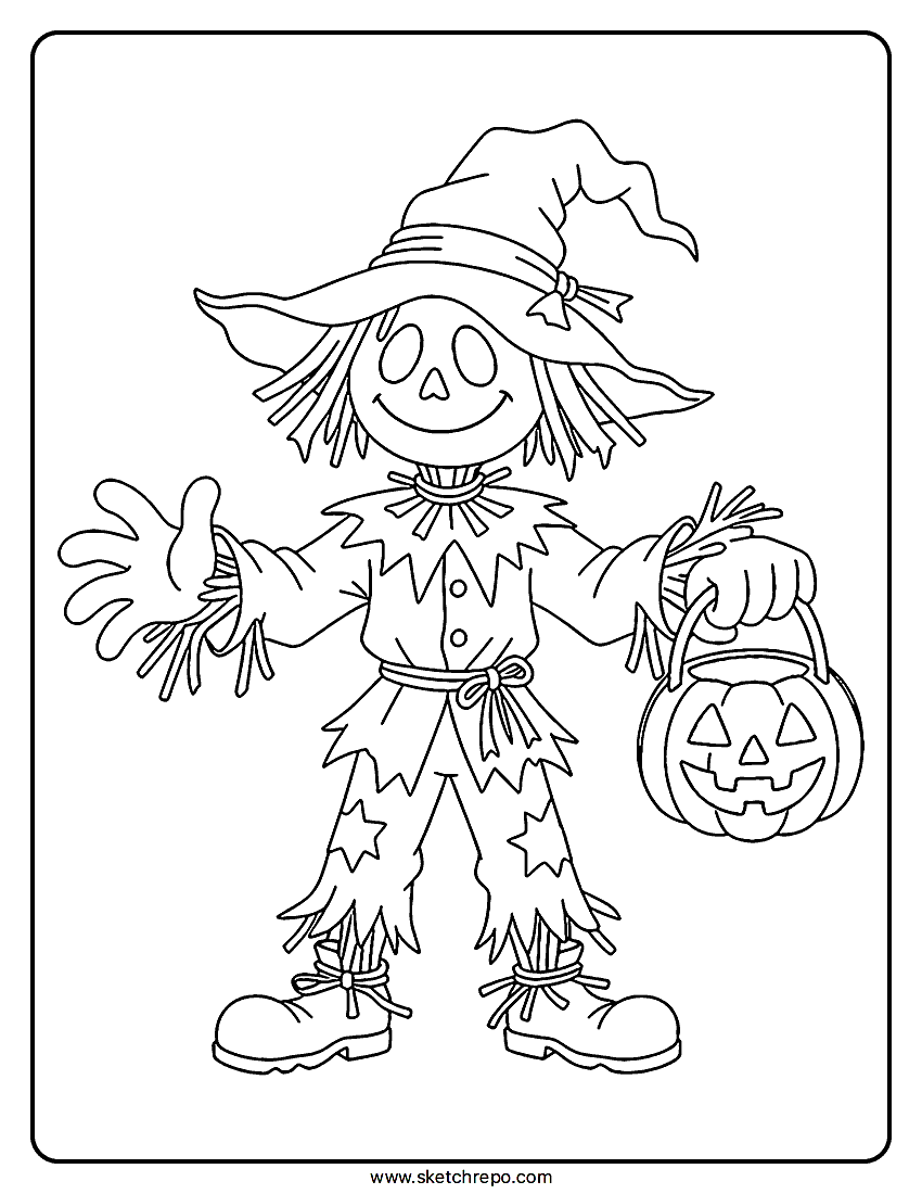 In this Halloween scarecrow coloring page printable we have our kid dressed as a scarecrow ready for trick-or-treating.