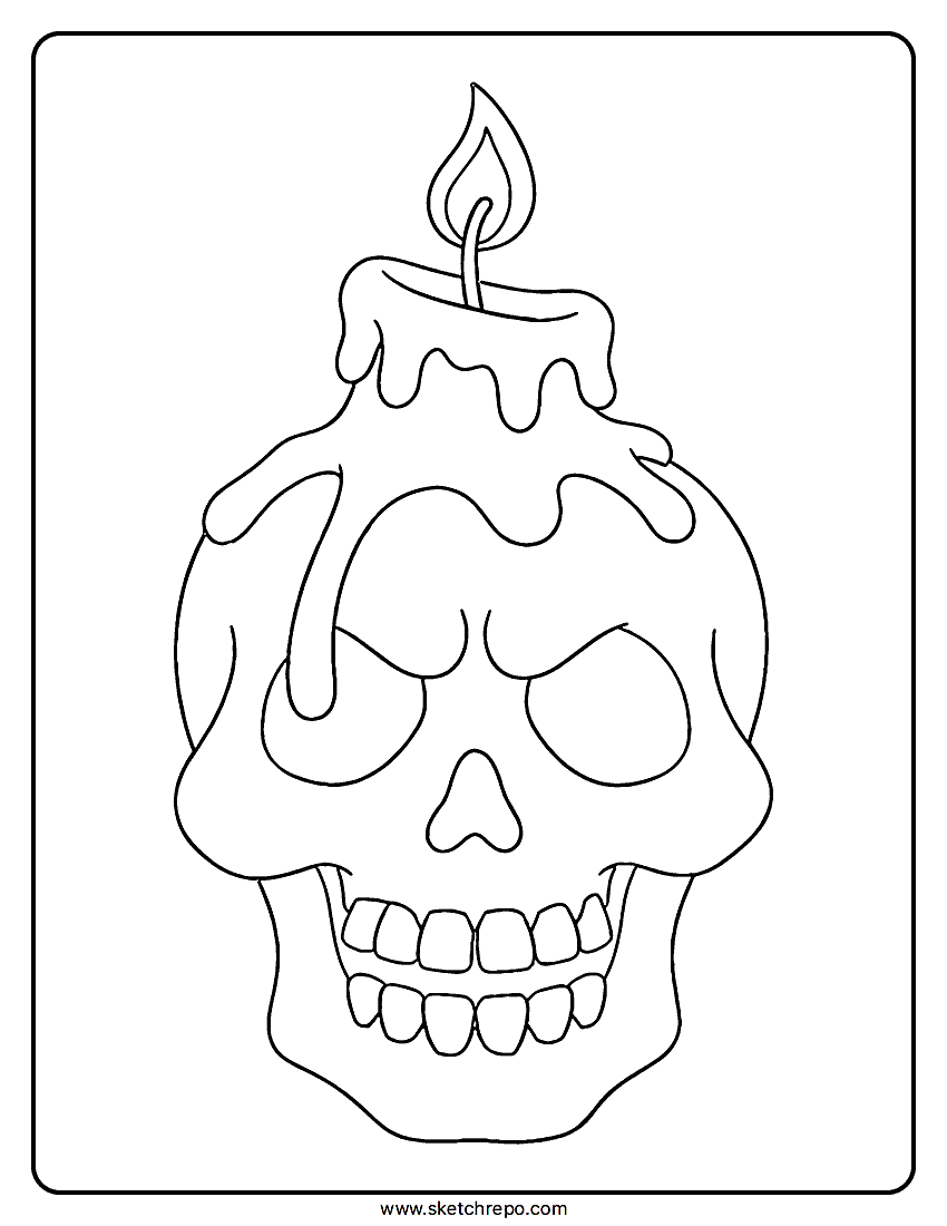 Within this Halloween skull coloring page printable you will find a black and white illustration of a skull with a melting candle on top if it. Get the drawing in PDF format.