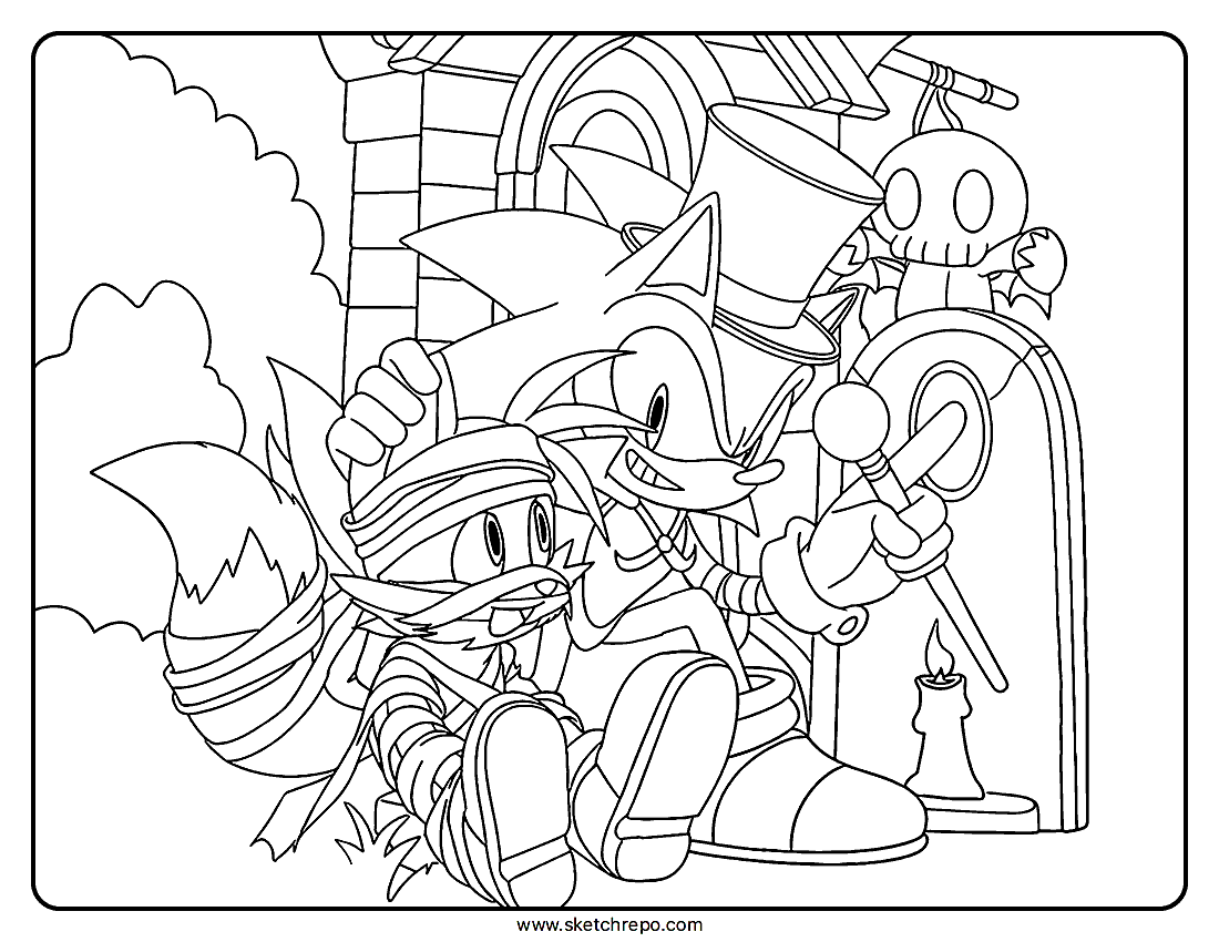 Heartwarming Halloween Sonic coloring page printable with Sonic and Tails sitting together each dressed in a fun costume.