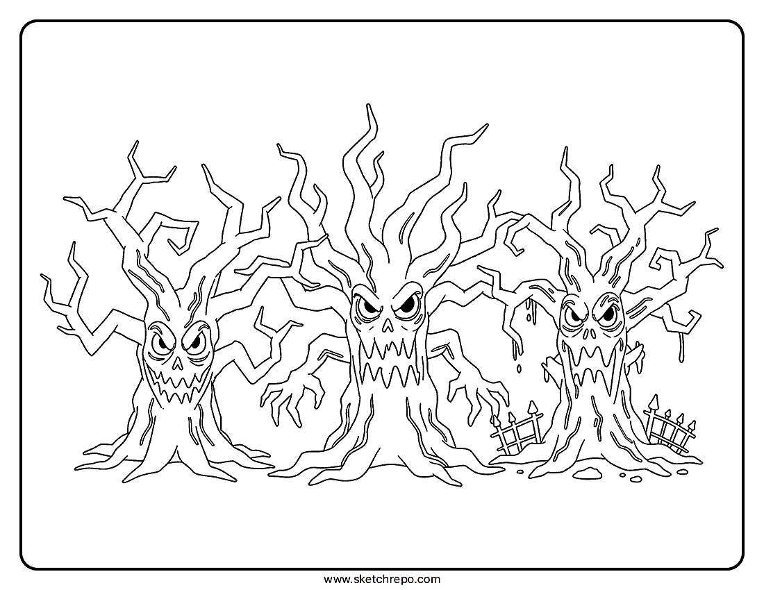 Three spooky Halloween trees can be found in this coloring sheet.