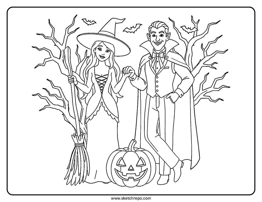 This printable Halloween wedding coloring page printable presents a sweet drawing of two individuals dressed as beloved characters during a wedding ceremony.