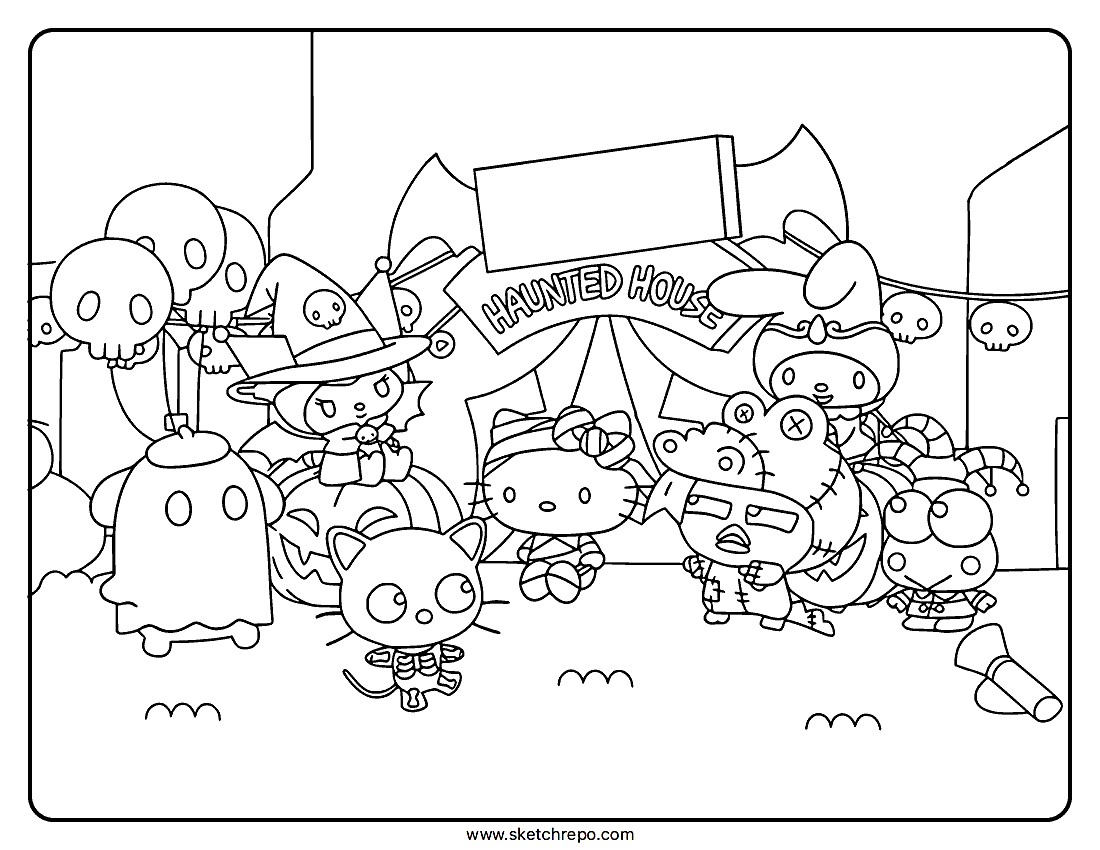 Within this Hello Kitty Halloween coloring page printable you will find all the Sanrio characters dressed for Halloween joining the carnival.
