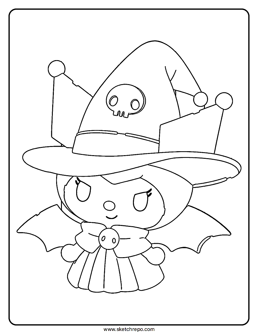 In this Kuromi Halloween drawing you have her dressed as a witch. The coloring page comes in PDF format.