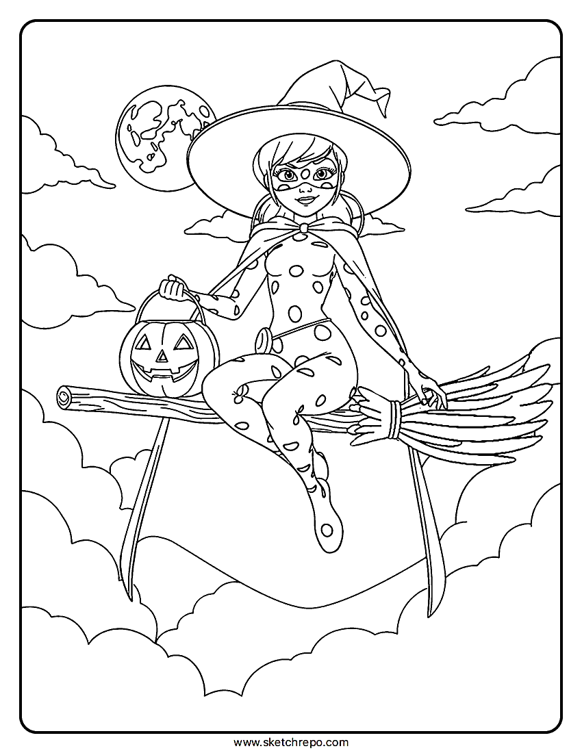Within this Miraculous Ladybug Halloween coloring page printable, our heroine is sitting on a flying broom in the night sky dressed as a witch.