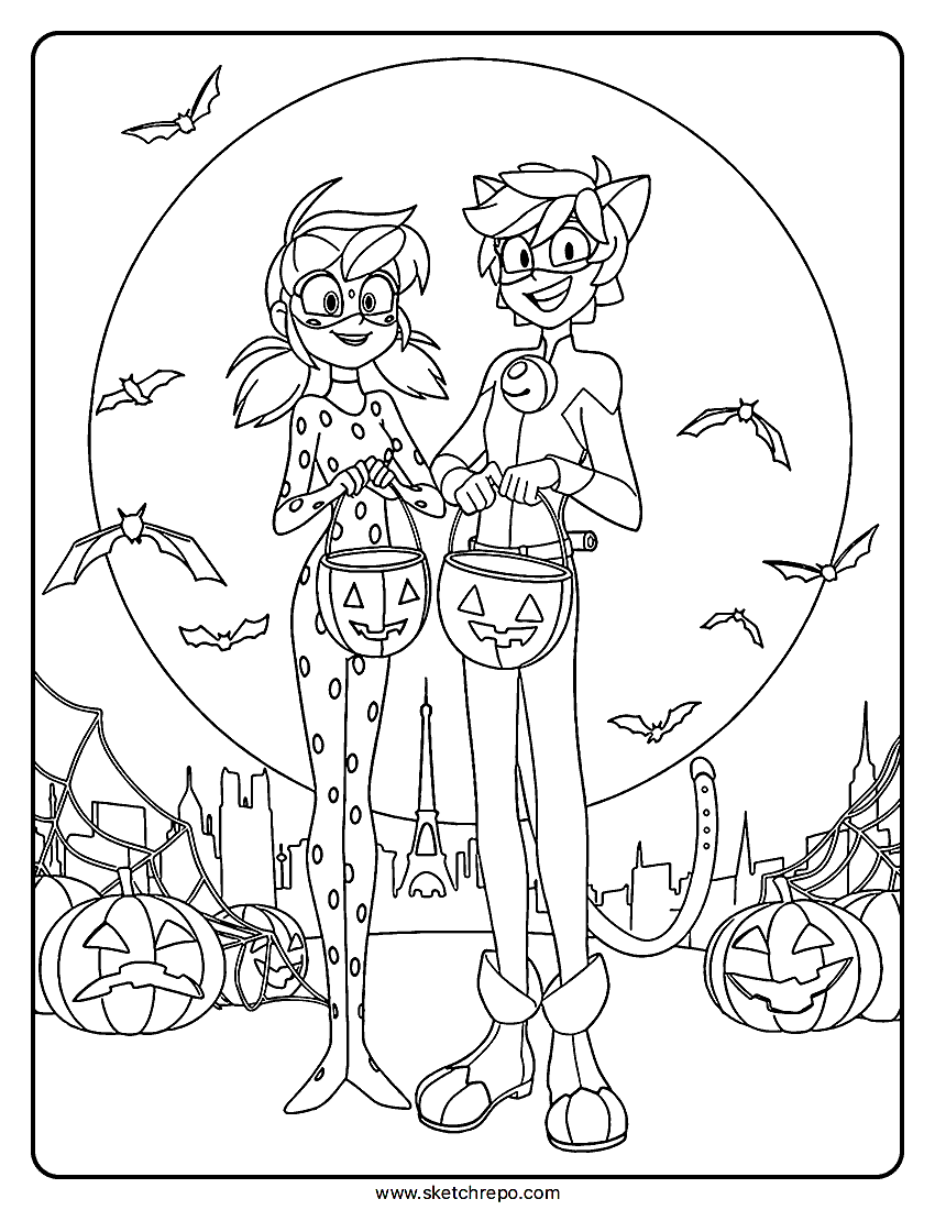 This printable Miraculous Ladybug & Cat Noir Halloween coloring sheet shows both of them trick-or-treating.