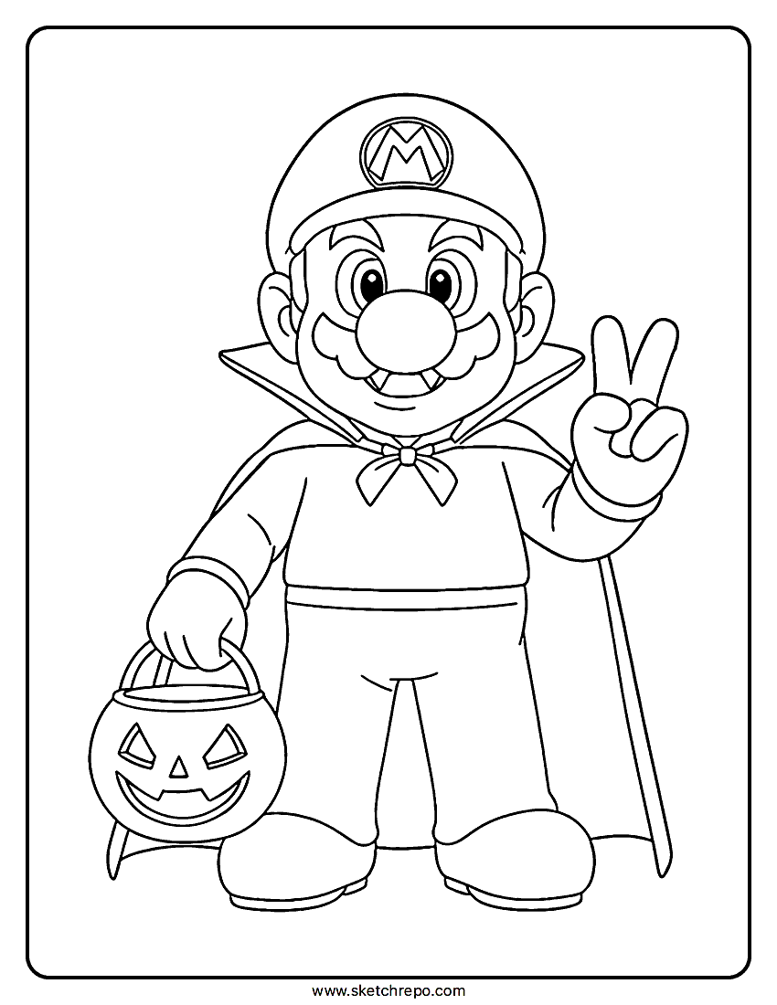 A Mario Halloween coloring page printable featuring a cool looking Mario as a vampire trick-or-treating making the peace sign.