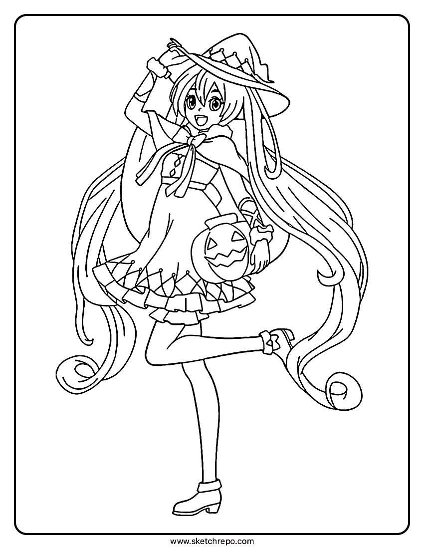 In this Miku Halloween coloring page printable, our protagonist is wearing a witch outfit and holding a jack-o-lantern,