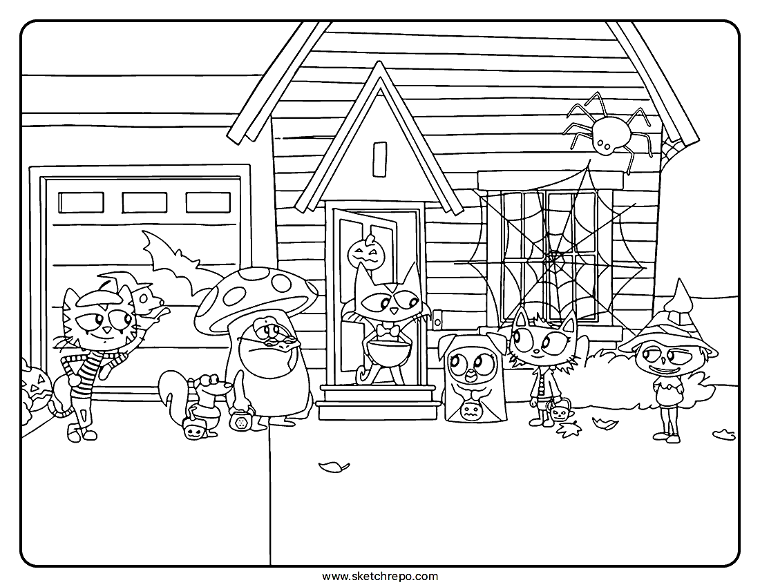 A cool Pete The Cat Halloween coloring drawing showcasing characters from the children’s book trick-or-treating at Pete’s house.