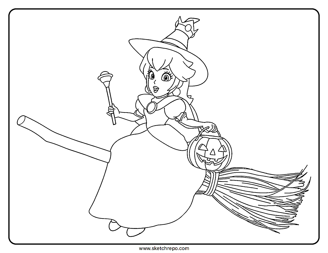 Our Princess Peach Halloween coloring page printable shows her sitting on a flying broom like a witch.