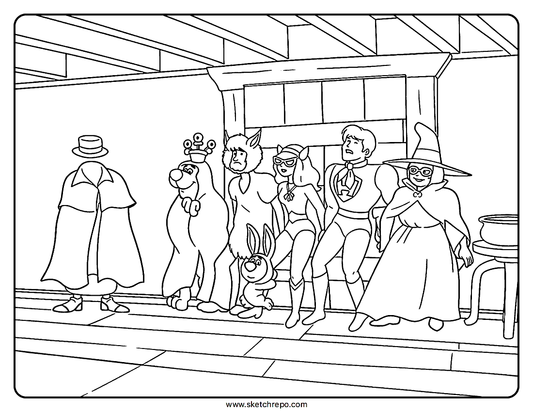 This Scooby Doo coloring page printable shows the squad dressed for Halloween hiding from someone or something.