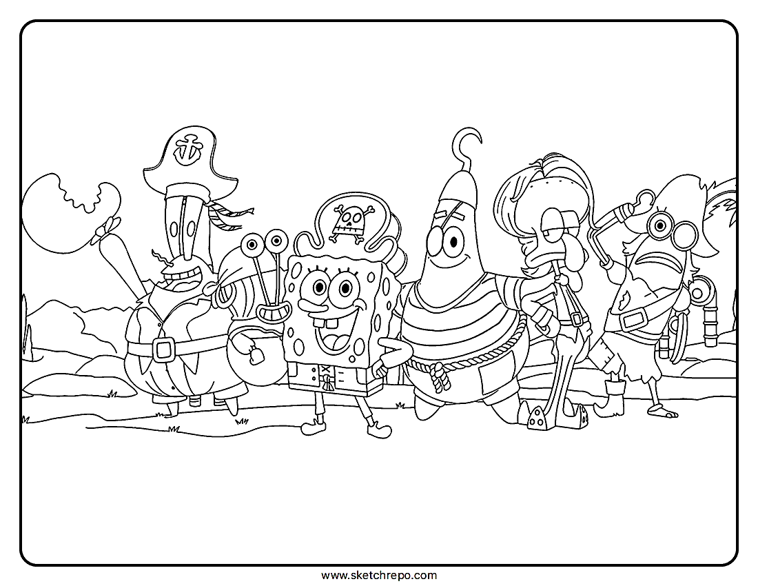 This Spongebob Halloween coloring page printable shows our characters dressed as pirates for Halloween.