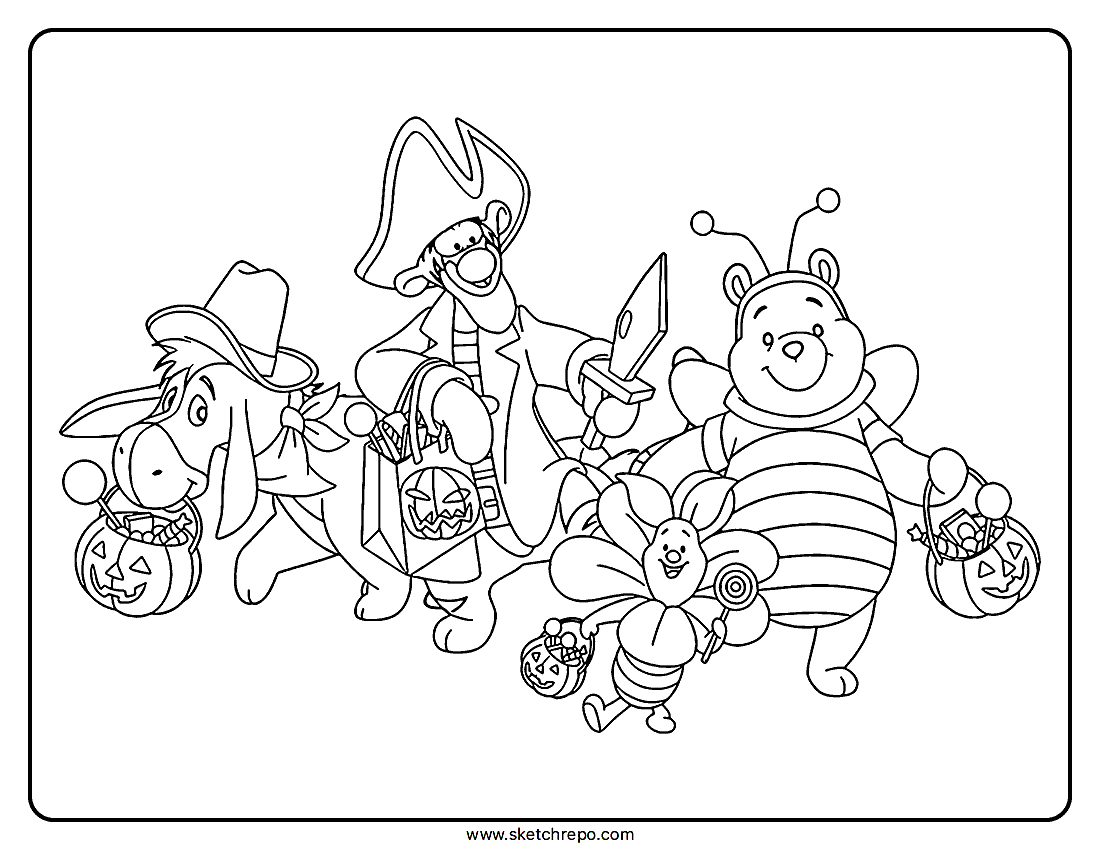 This printable Winnie The Pooh Halloween coloring page has everyone dressed for Halloween and ready for trick-or-treating.